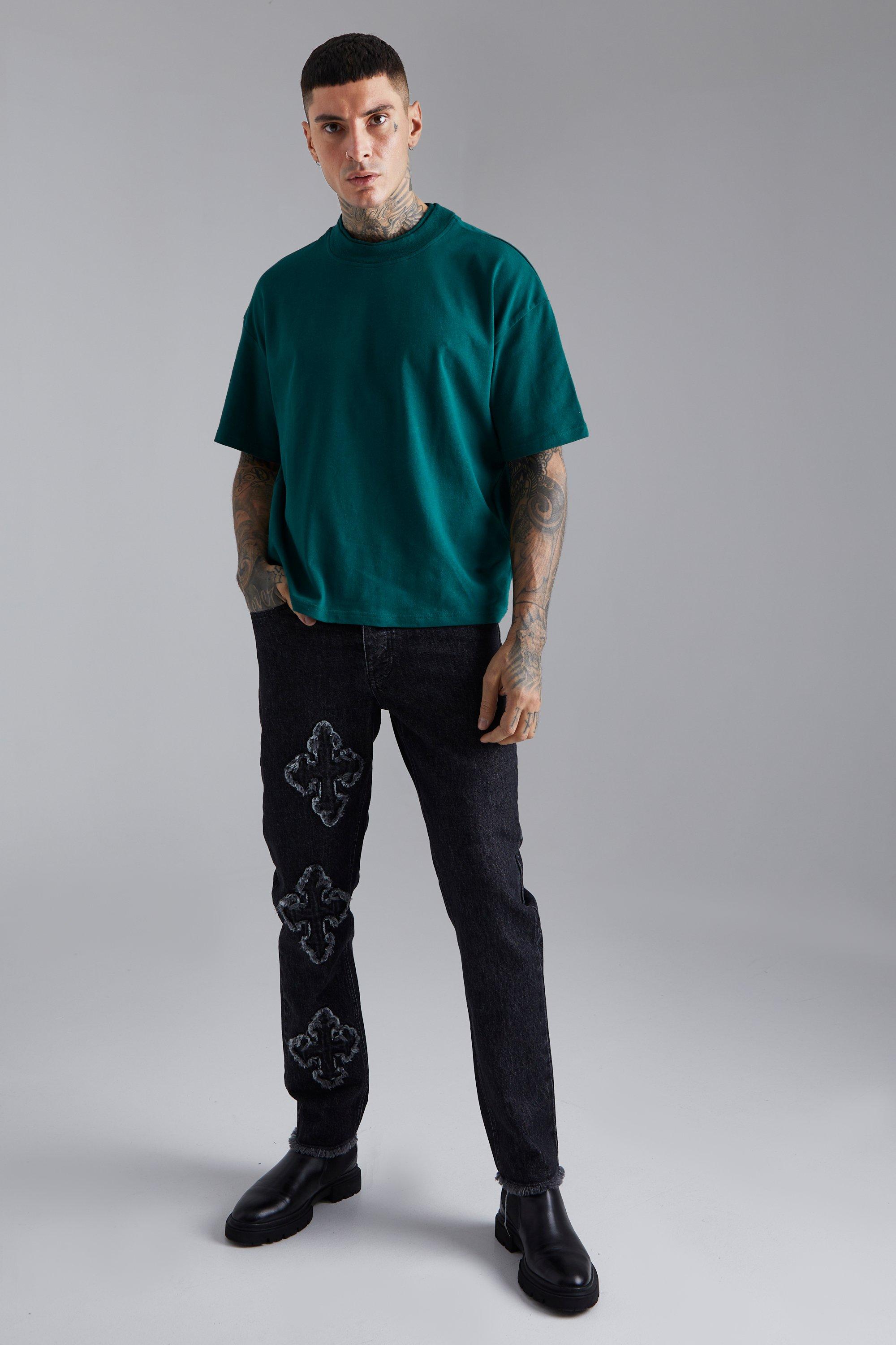 Straight Leg Raw Edge Applique Jeans boohoo UK
